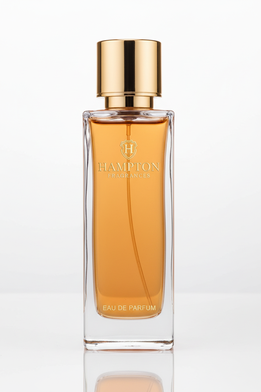 Hampton Fragrances luxury perfume bottle with amber and gold tones