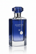 Hampton Fragrances premium perfume bottle with sapphire and silver tones on white background