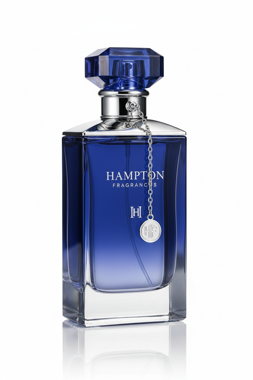 Hampton Fragrances premium perfume bottle with sapphire and silver tones on white background