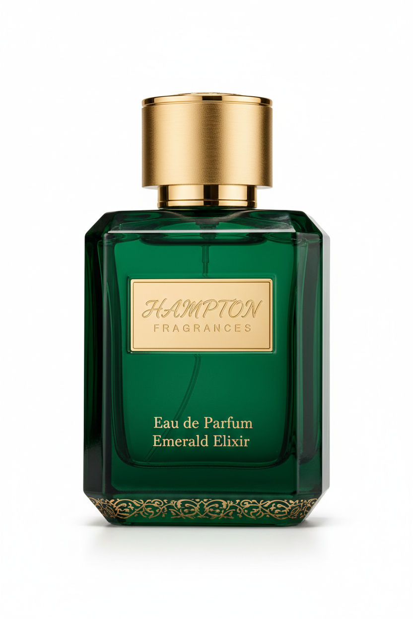 Hampton Fragrances luxe perfume bottle with emerald green and gold tones on white background