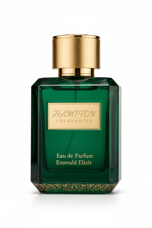 Hampton Fragrances luxe perfume bottle with emerald green and gold tones on white background