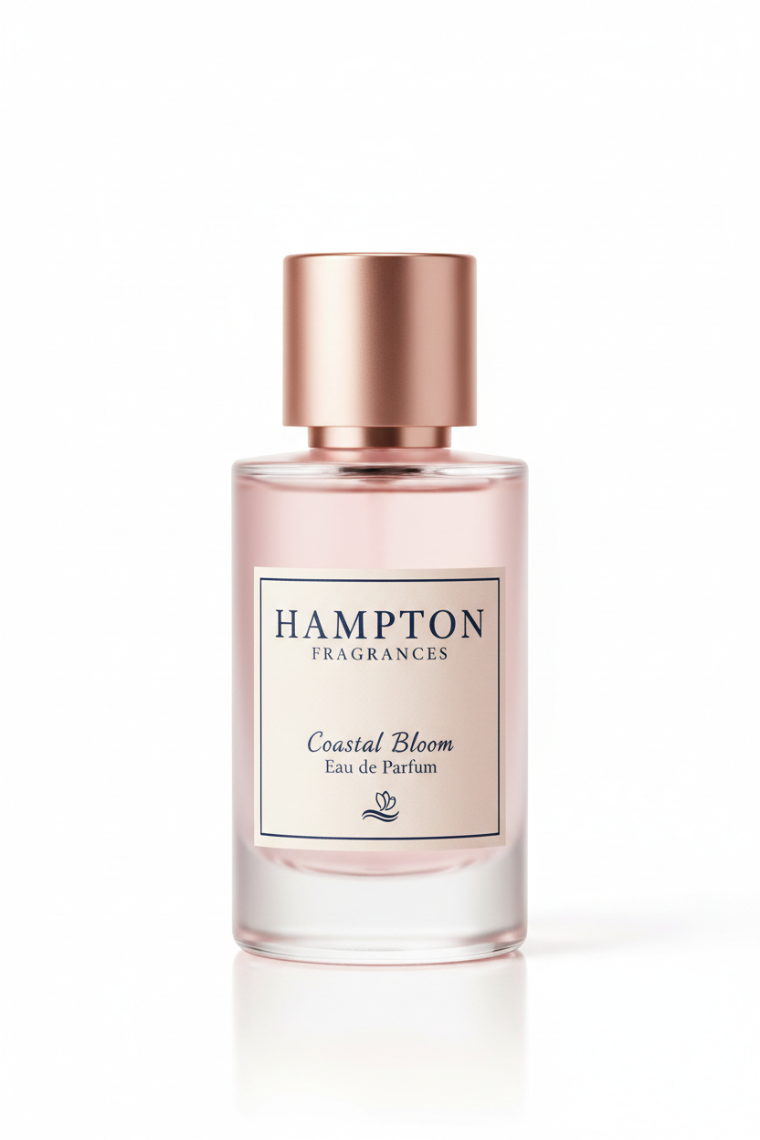 Hampton Fragrances perfume bottle with soft pastel tones on white background
