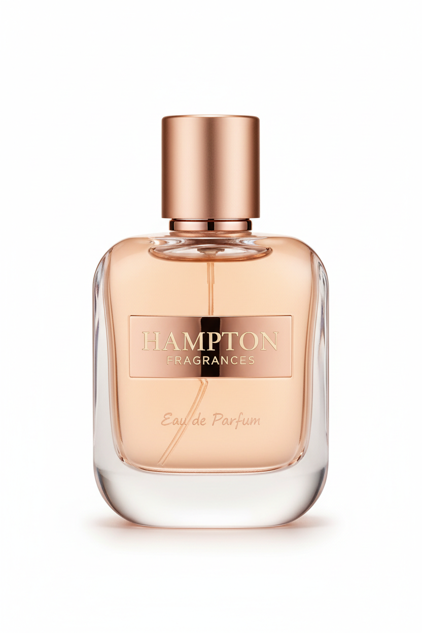 Hampton Fragrances classic perfume bottle with rose gold and cream tones on white background