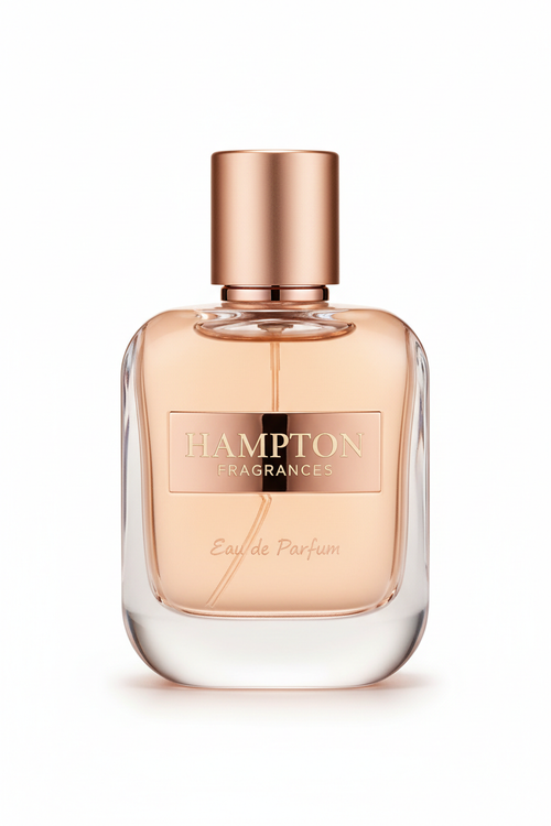Hampton Fragrances classic perfume bottle with rose gold and cream tones on white background