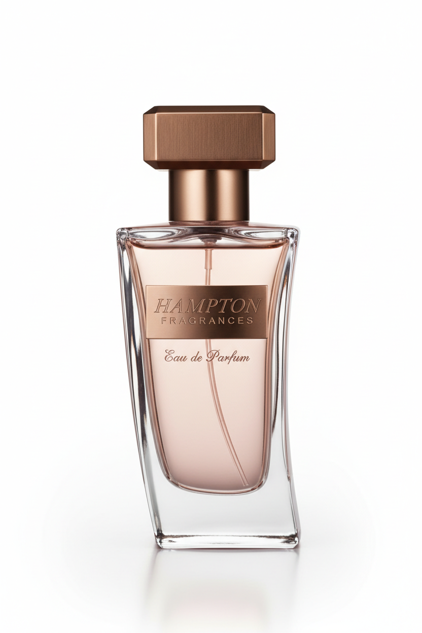 Hampton Fragrances velvet perfume bottle with burgundy and bronze tones on white background